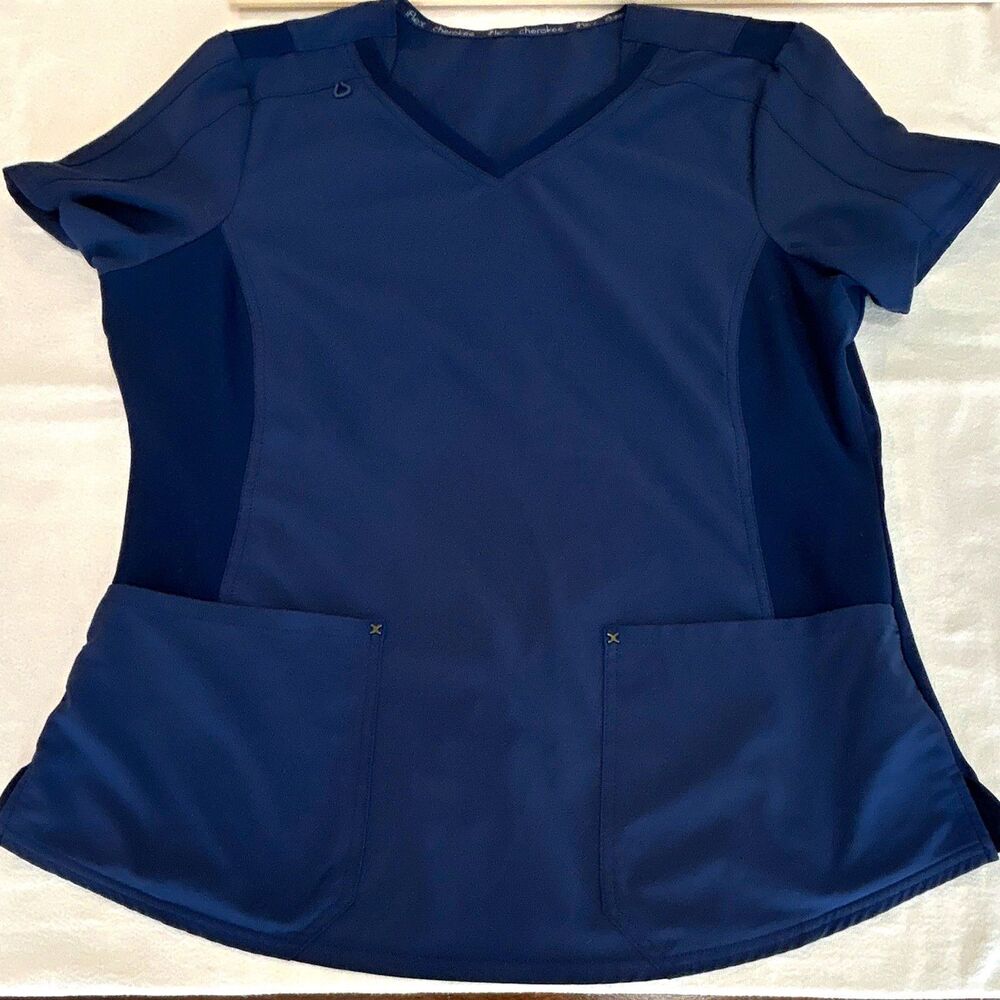 Cherokee iFlex Women’s L Navy Solid V-Neck Scrub Top Pockets Poly/Span 0241